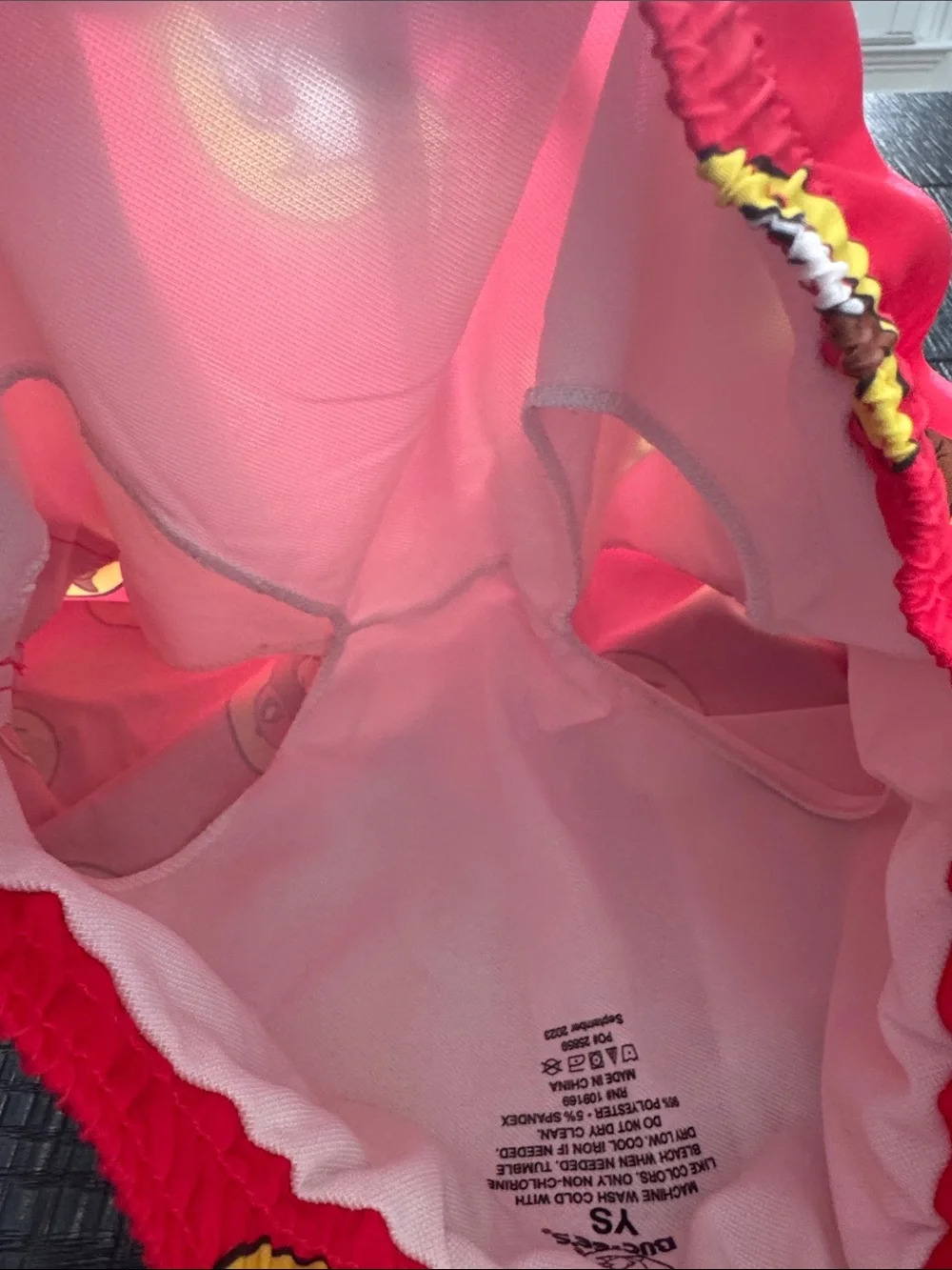 Red Kids Swim Trunks with Cartoon Badge Print